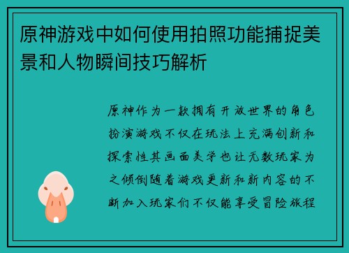 原神游戏中如何使用拍照功能捕捉美景和人物瞬间技巧解析